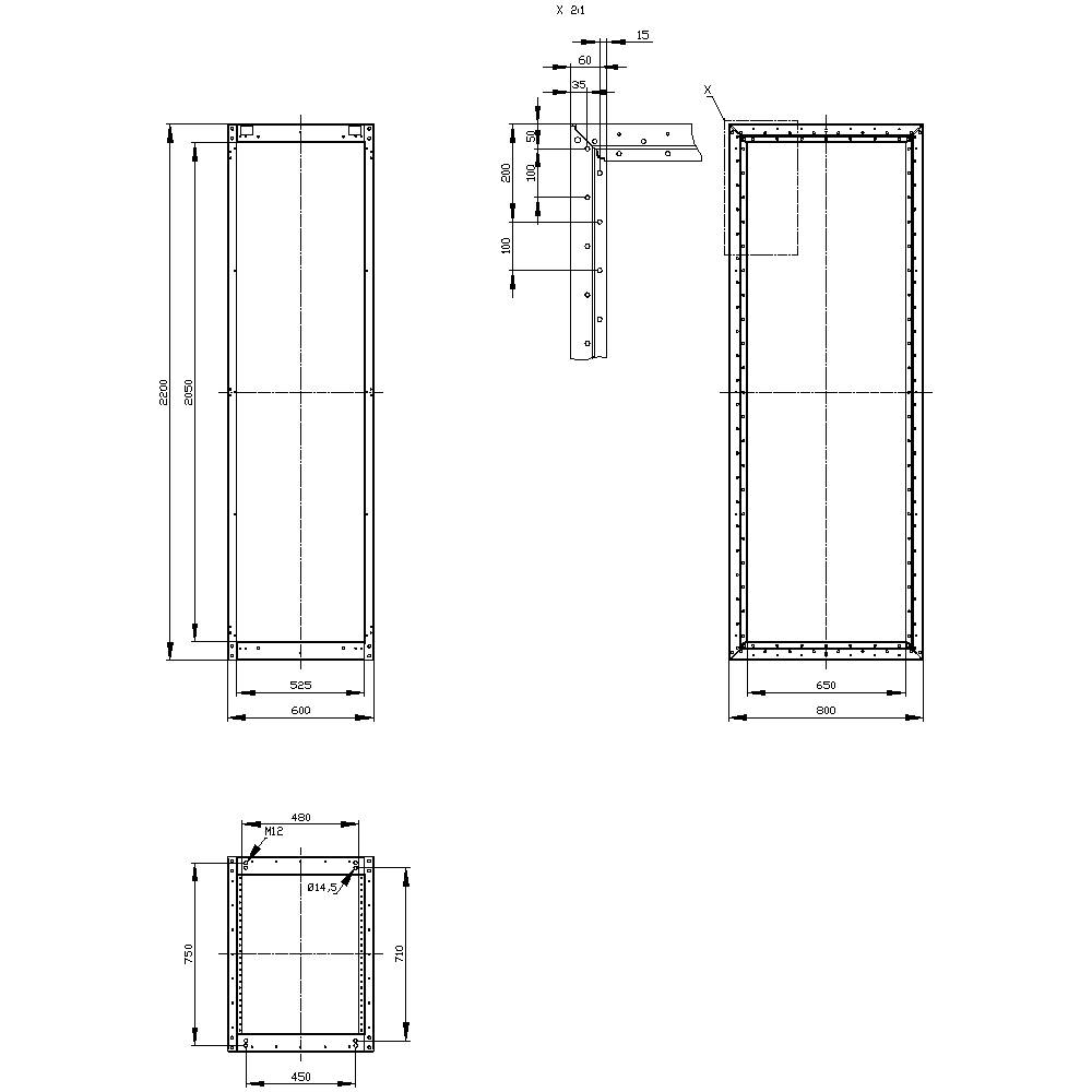 Dessin technique d'un boîtier métallique rectangulaire avec cotations. Vue en coupe en haut. Dimensions : 900 mm de largeur, 450 mm de profondeur, 600 mm de hauteur.