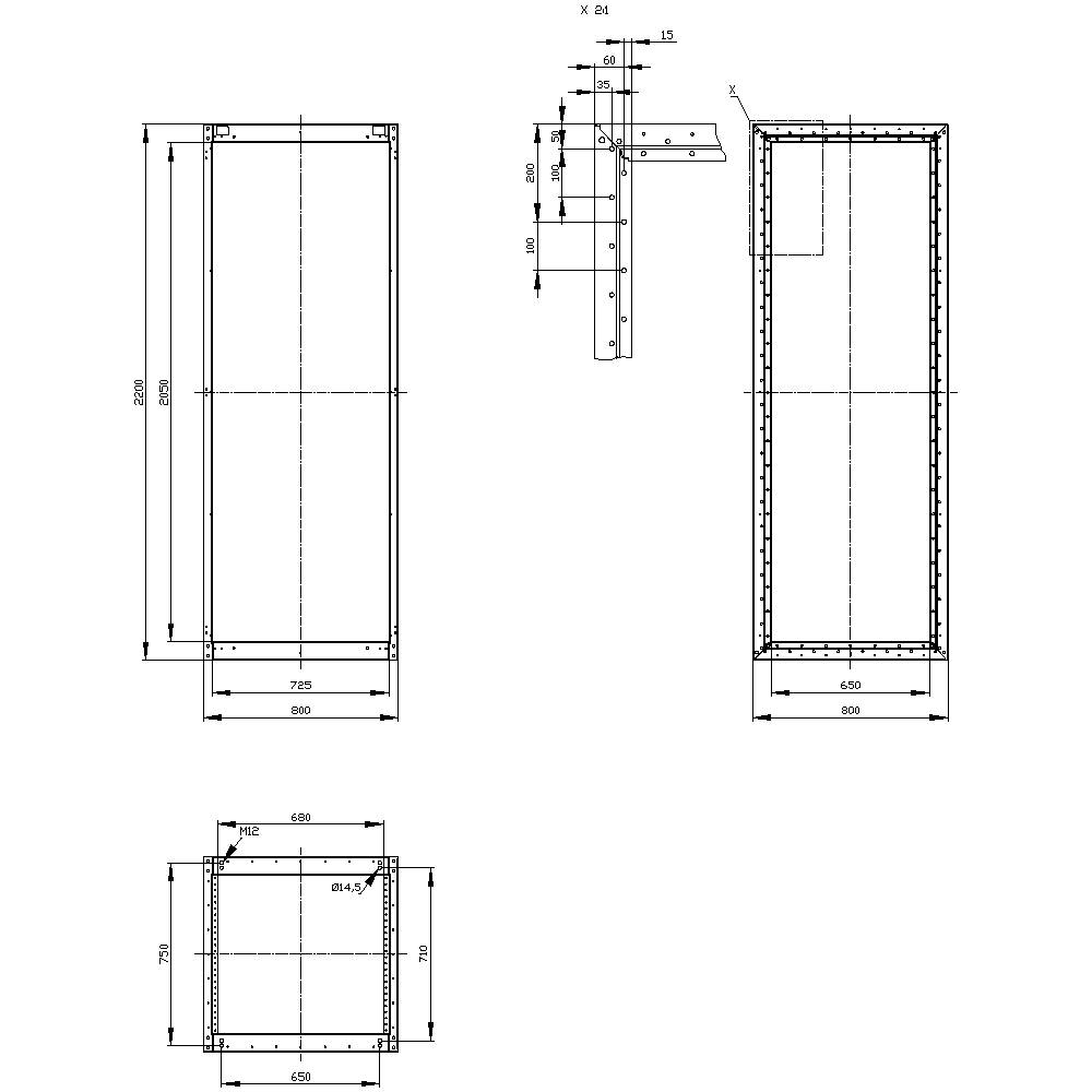 Dessin technique d'un boîtier rectangulaire avec vue de face, vue latérale et vue de dessus, incluant les côtes et les annotations.
