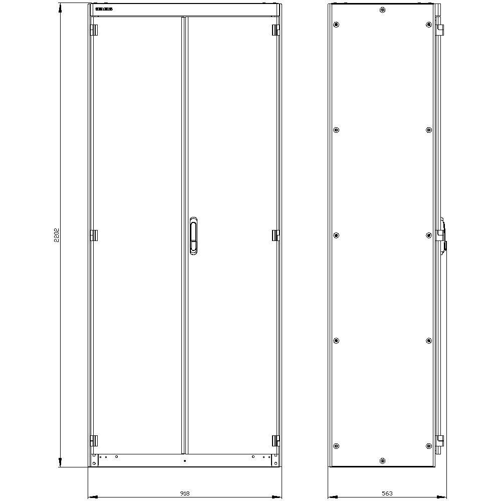 Vue de face et de côté d'un placard avec dimensions : 898 mm de largeur, 2202 mm de hauteur, 753 mm de profondeur, poignée de façade comprise.