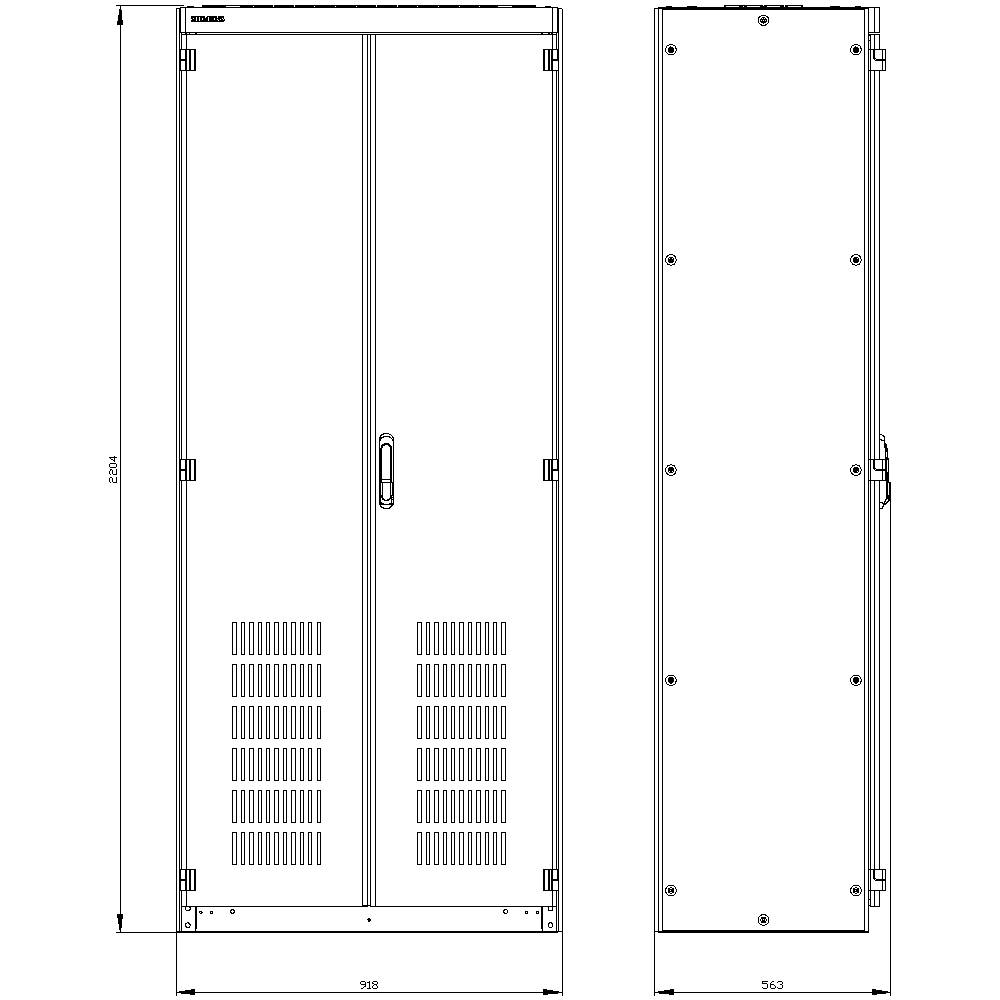 'Illustration d'un placard à deux battants avec des fentes d'aération et une poignée. Dimensions : hauteur 2200 mm, largeur 998 mm, profondeur 743 mm.'