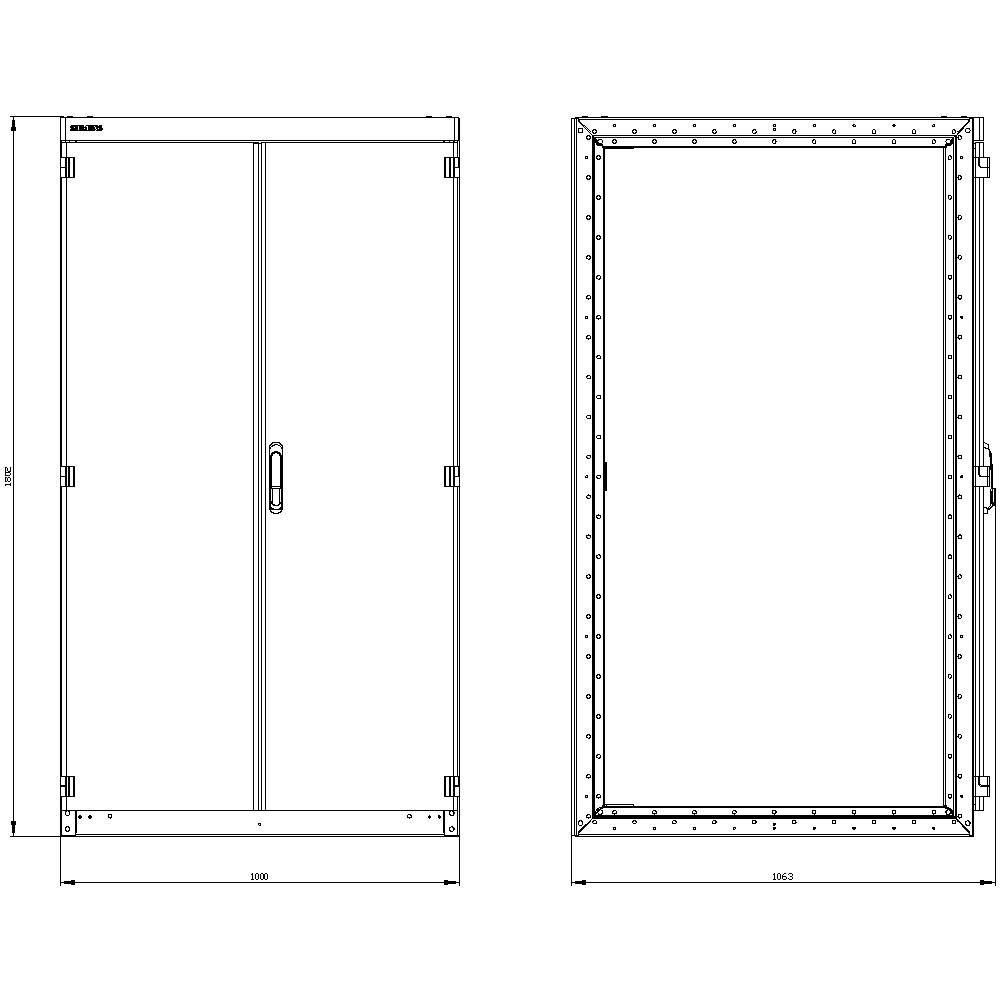 Dessin technique d'un cadre de porte double avec des dimensions de 1955 mm de hauteur et 1935 mm de largeur ; les charnières et la poignée sont visibles.
