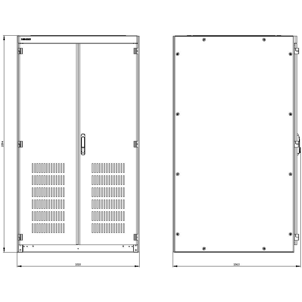 Plan d'une boîte en métal rectangulaire avec deux vues : vue de face avec des fentes de ventilation et une poignée, vue latérale avec des charnières. Les dimensions sont indiquées.