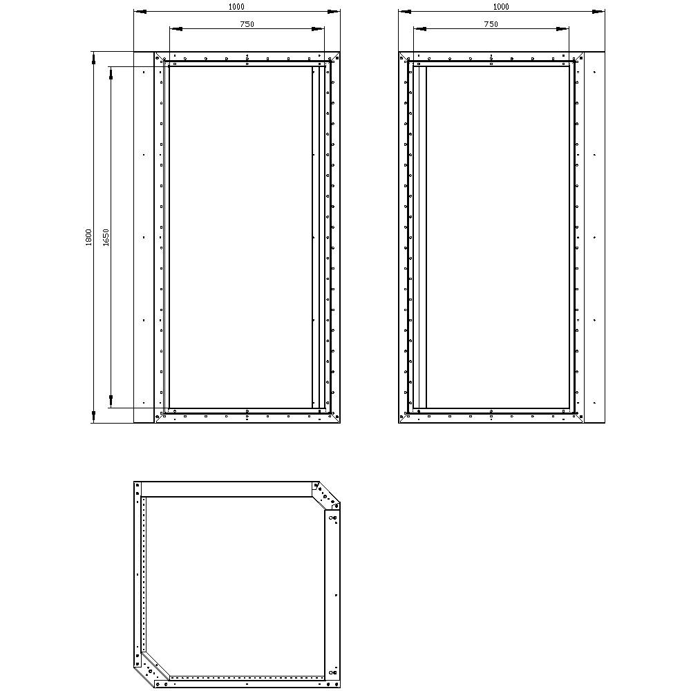 Dessin technique de deux cadres rectangulaires avec dimensions : 1000 x 1950 mm et 750 x 1950 mm. Y compris vue en angle.
