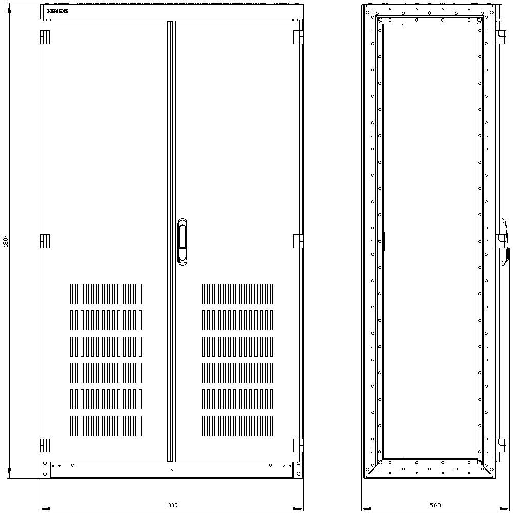 Dessin technique d'un armoire électrique avec vue de face et vue latérale, comprenant les dimensions et les ouvertures de ventilation.
