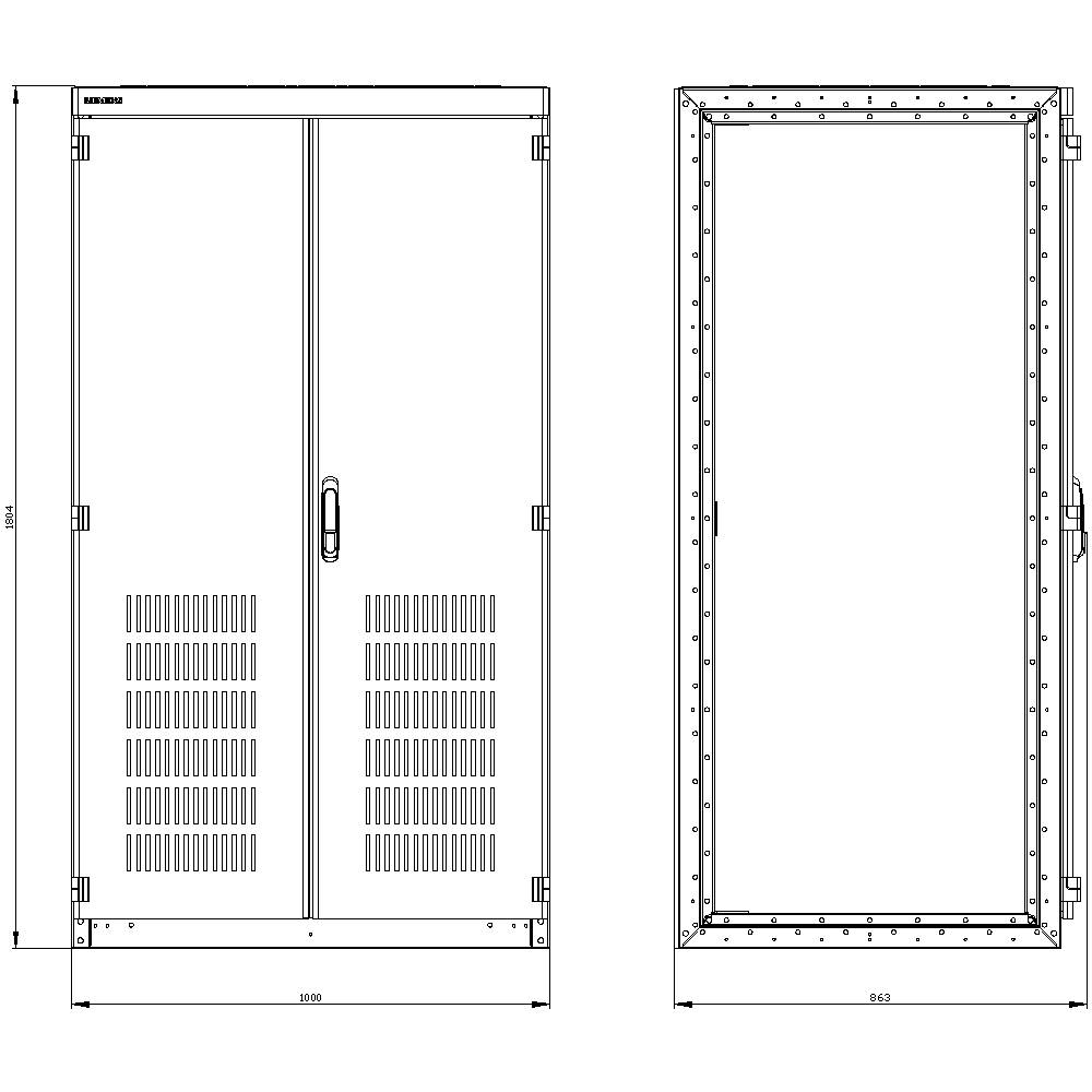 Dessin : Deux vues d'un placard rectangulaire à double porte, avec des fentes de ventilation et une poignée. Dimensions : Largeur 1400 mm, Hauteur 2400 mm.