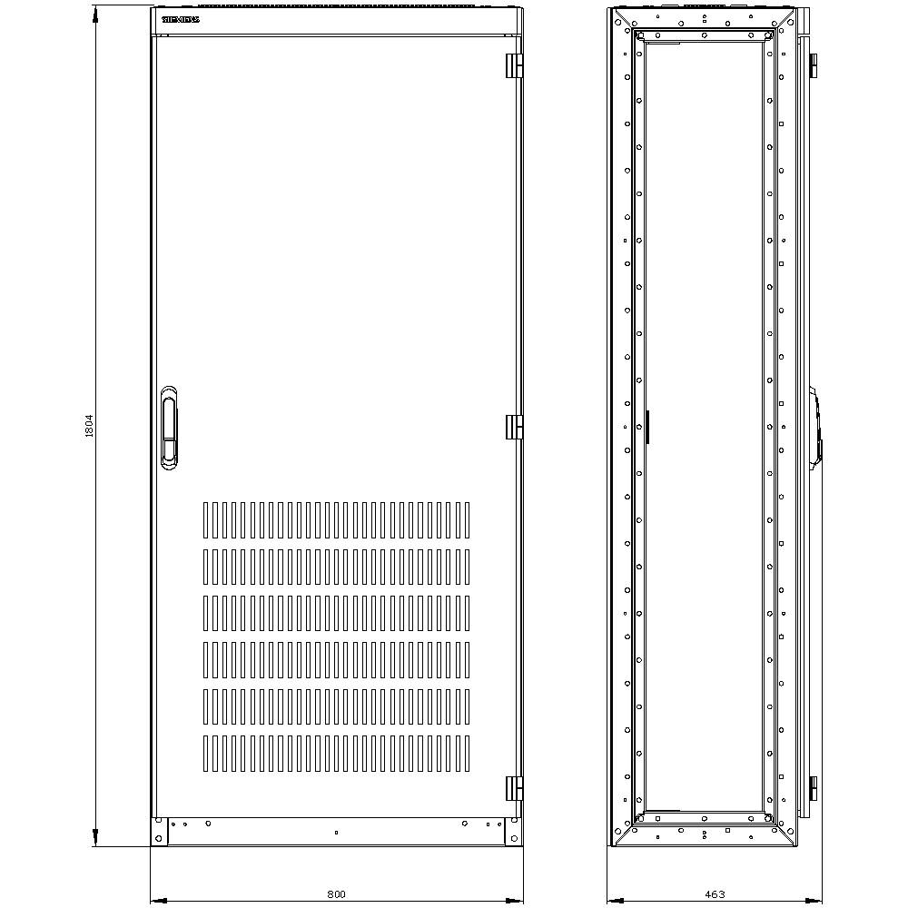 Dessin technique d'un coffret électrique avec vue de face et vue latérale. Dimensions : 500 mm de largeur et 1854 mm de hauteur, avec grille de ventilation.