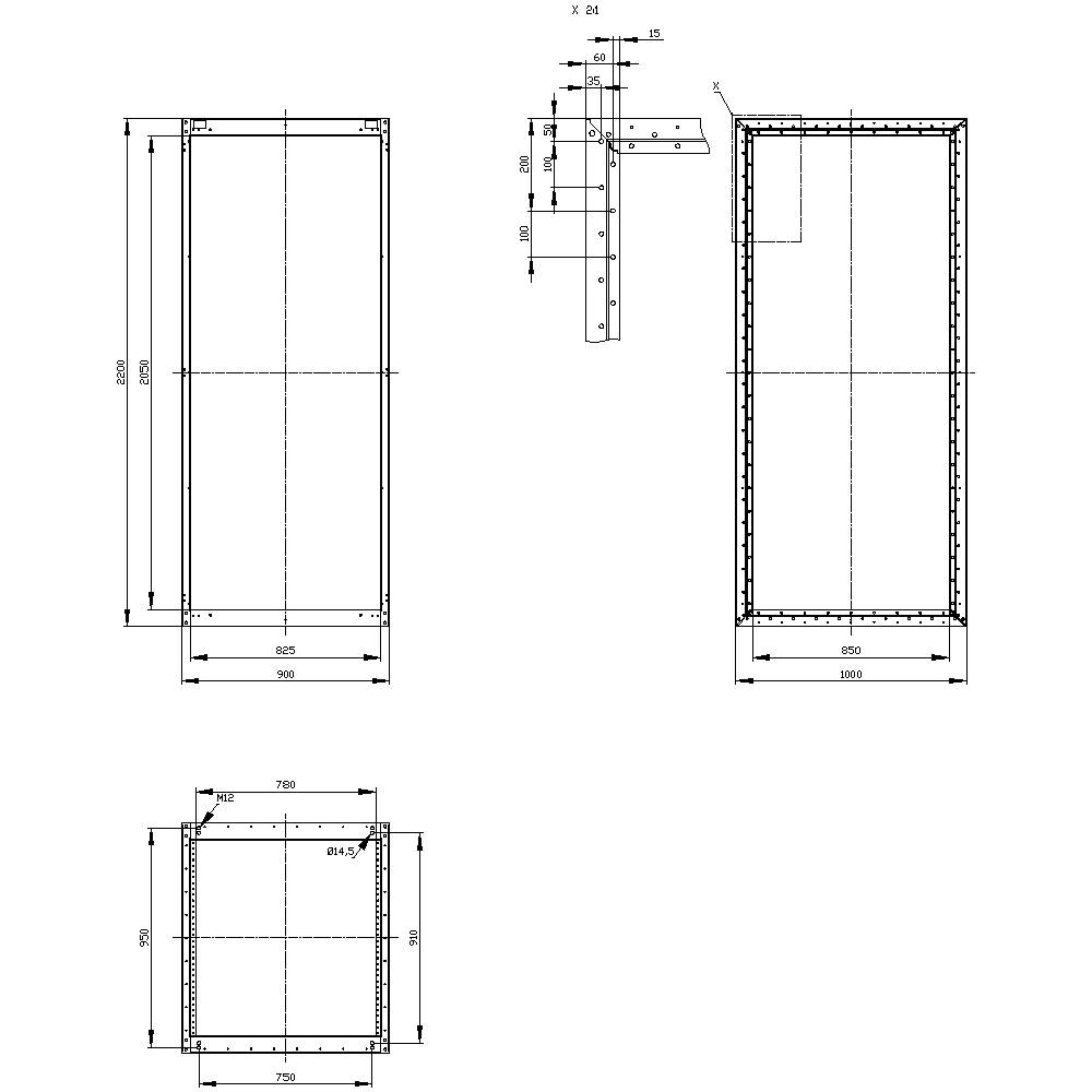 Dessin technique du cadre métallique avec dimensions précises. Présente les vues de face, de côté et de dessus avec des mesures en millimètres.