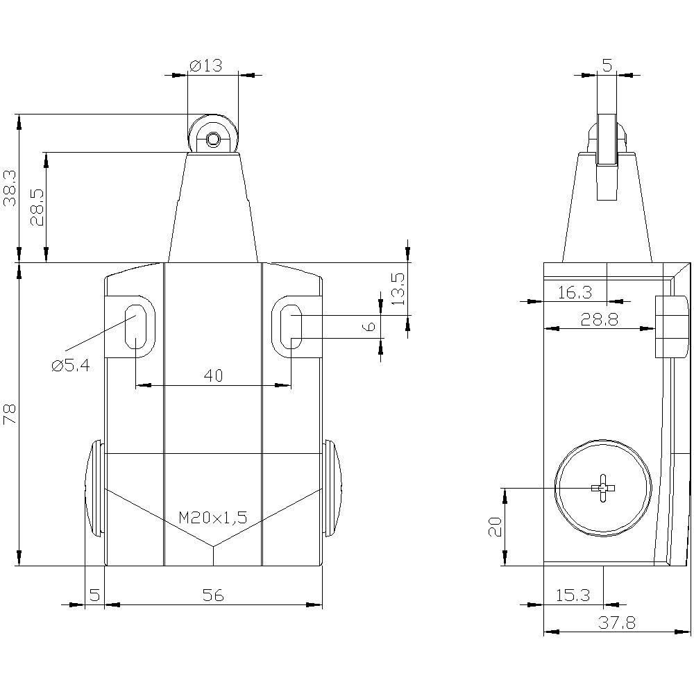 Dessin technique d'un composant avec ses dimensions. La vue principale montre l'extension en hauteur, la vue latérale présente la largeur et la position des perçages.