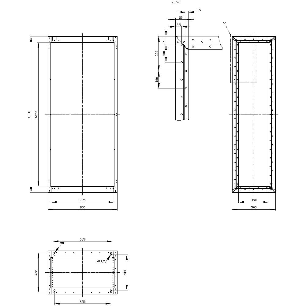 Dessin technique d'un récipient rectangulaire avec des dimensions détaillées de hauteur, largeur et profondeur. Vue latérale en haut à gauche, vue de dessus en bas à gauche.
