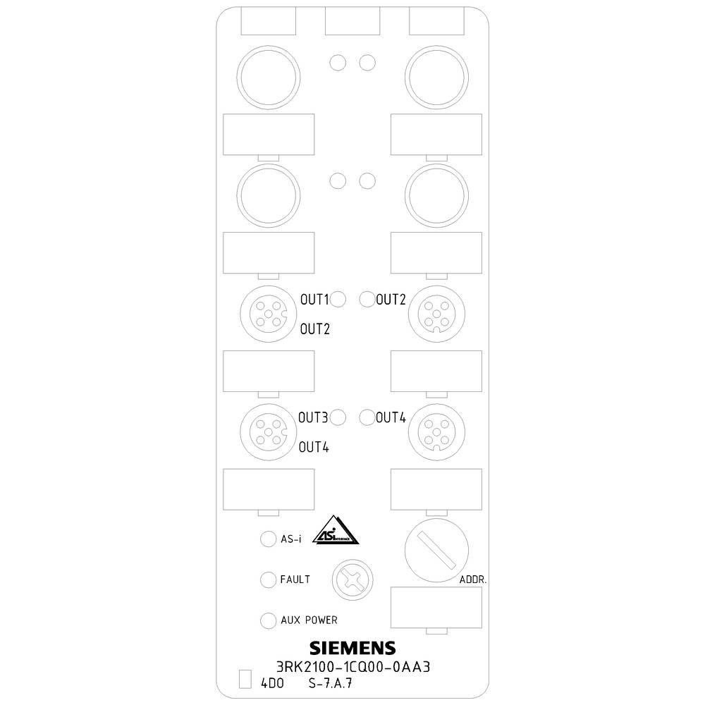 Schéma de câblage d'un appareil Siemens avec désignations pour deux sorties, connexions pour AS-i, réglage d'adresse et alimentation électrique.