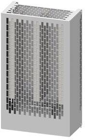 Radiateur gris vertical avec grille de ventilation en damier, vue légèrement inclinée montrant l'ouverture supérieure.