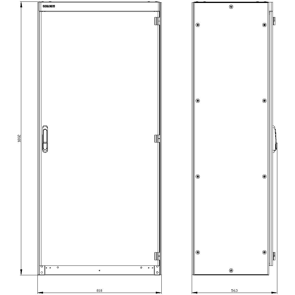 'Esquisse d'un placard rectangulaire avec porte, poignée, charnières et dimensions : hauteur 1987 mm, largeur 818 mm, profondeur 563 mm.'