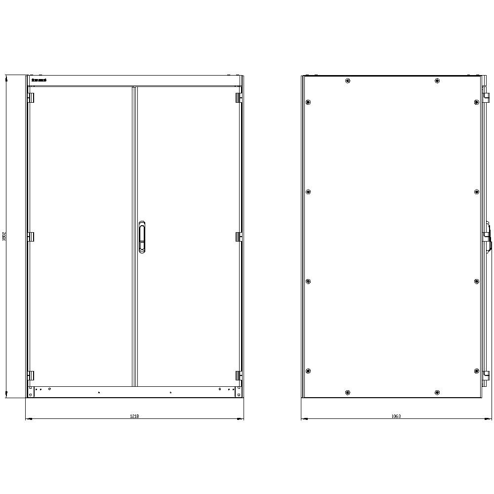 Dessin technique d'un boîtier rectangulaire en métal avec deux vues : vue de face avec portes et vue latérale. Dimensions indiquées.