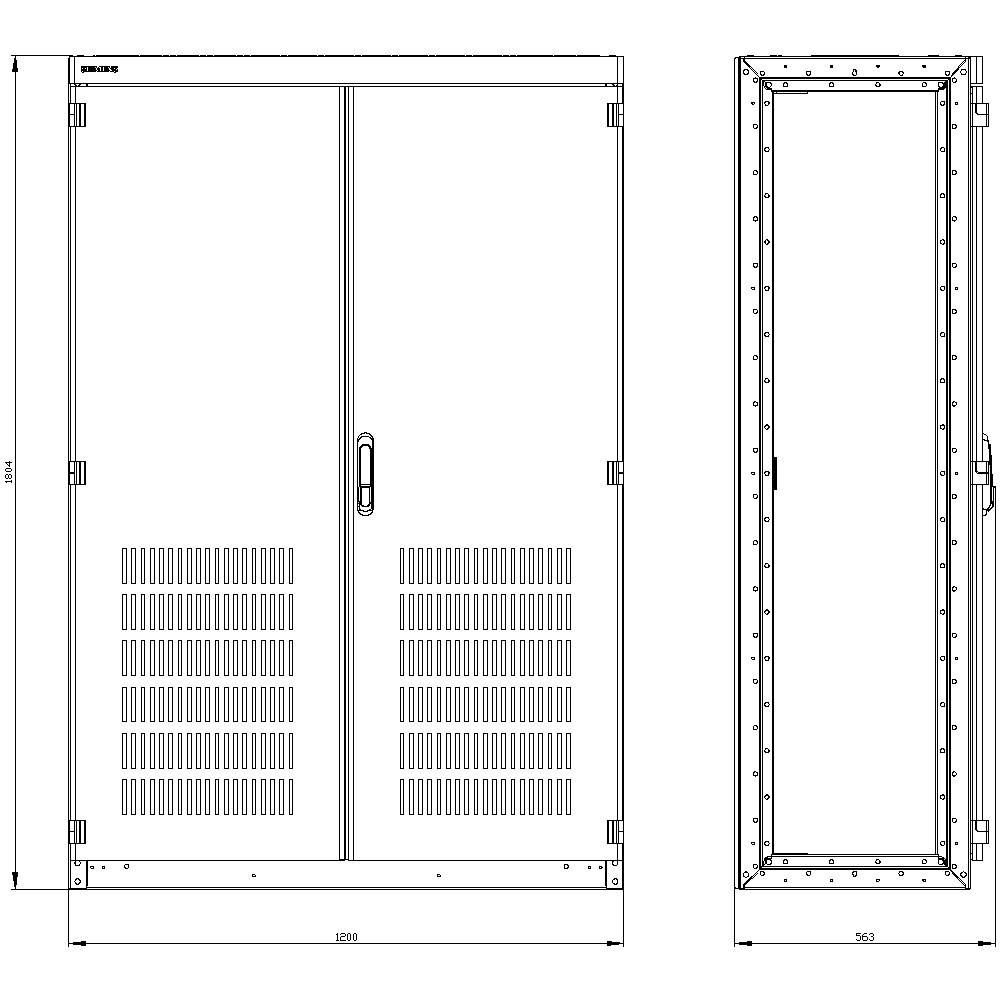 Dessin technique d'un boîtier électrique avec vue de face et vue latérale. Annoté avec les dimensions : hauteur 1944 mm, largeur 1289 mm, profondeur 365 mm.