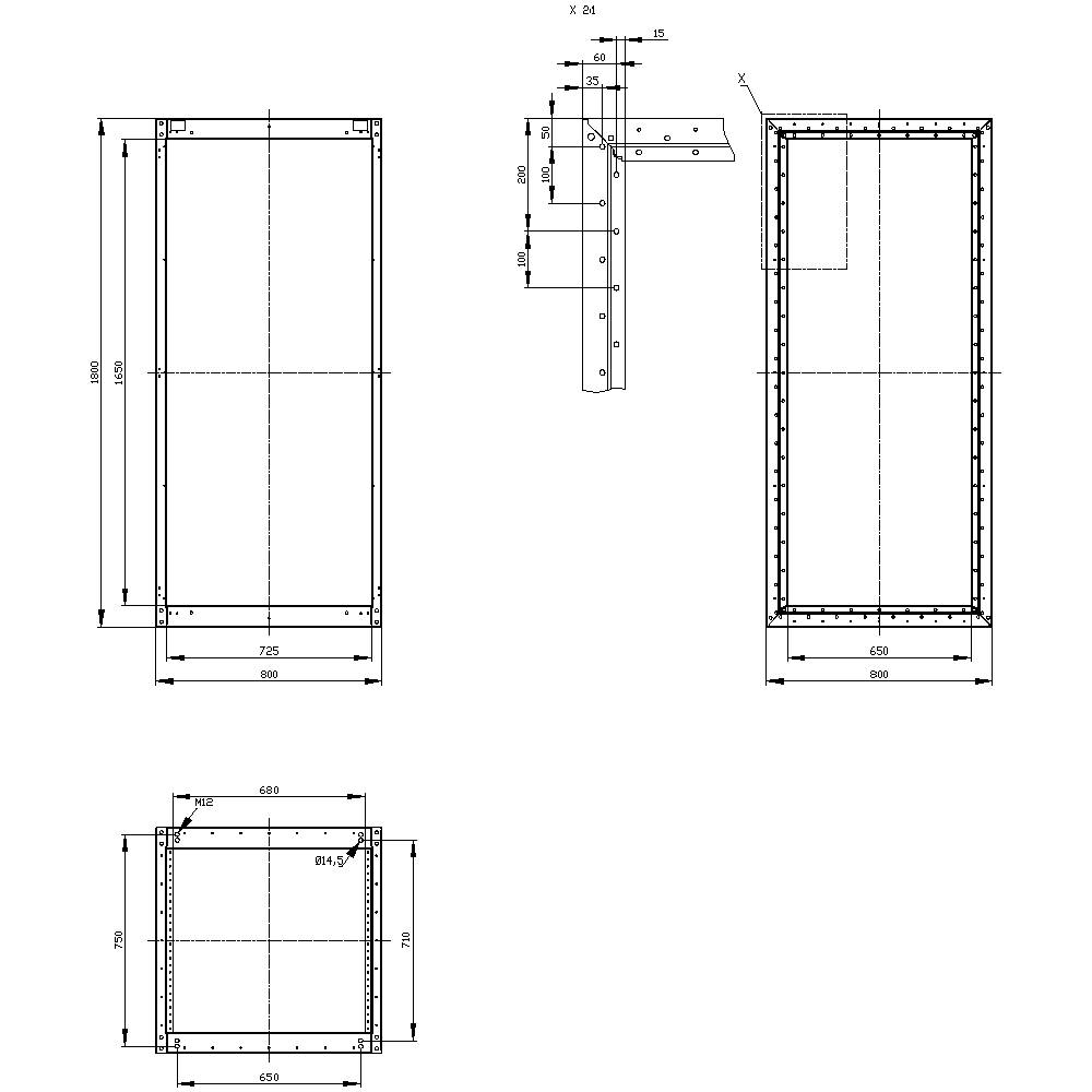 Dessin technique d'un cadre métallique rectangulaire avec dimensions et éléments de fixation. Dimensions : 2250 mm de hauteur, 960 mm de largeur.