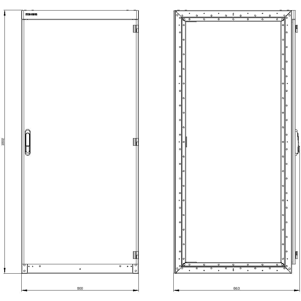 Dessin technique d'une porte, vue de face et de côté. Dimensions indiquées : hauteur 2100 mm, largeur 858 mm de face, 863 mm de côté.
