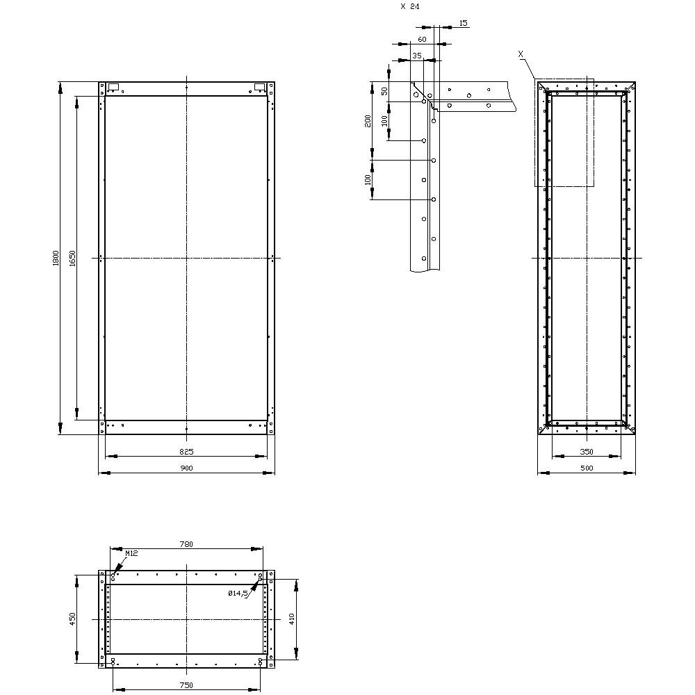 Dessin technique d'un cadre rectangulaire en métal avec des dimensions détaillées en millimètres. Comprend les vues de face, de côté et de dessus.
