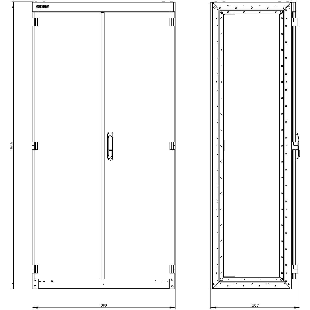 Dessin technique de deux vues d'un modèle de porte de chambre froide. À gauche : vue de face avec poignée de porte. À droite : vue latérale. Dimensions indiquées.