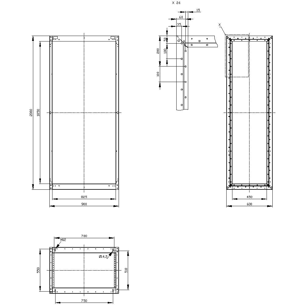 Dessin technique d'un boîtier métallique rectangulaire avec des dimensions détaillées en millimètres ; vues de face, du dessus et de côté.