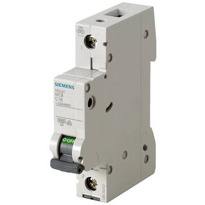 Disjoncteur Siemens, modèle 5SL6, 16 Ampères. Position de l'interrupteur 'O' pour 'Éteint' visible. Montable dans un boîtier de fusibles.