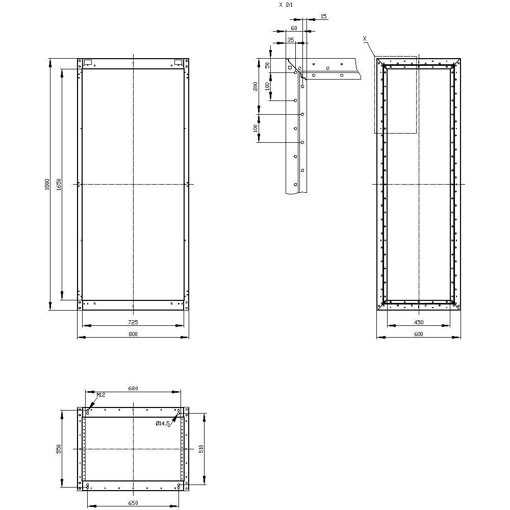 Plan de montage pour cadre en acier : présente les vues de face, de côté et de dessus avec les dimensions. Inclut les détails des trous et des points de fixation.