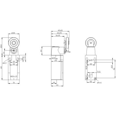 Dessin technique d'une pièce mécanique avec dimensions en millimètres. Les vues de côté et de face présentent les détails et les distances des perçages.