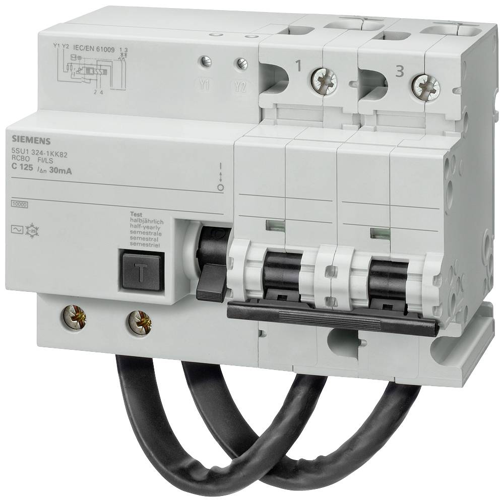 Un disjoncteur tripolaire de marque Siemens pour la protection électrique, montrant la position du commutateur et le câblage.
