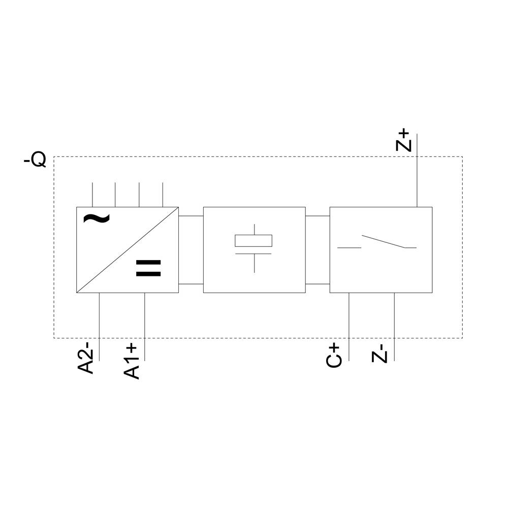 Schéma de circuit d'un composant électronique avec bornes marquées : A2-, A1+, C+, Z-, Z+. Contient des symboles de polarité et de flux de courant.