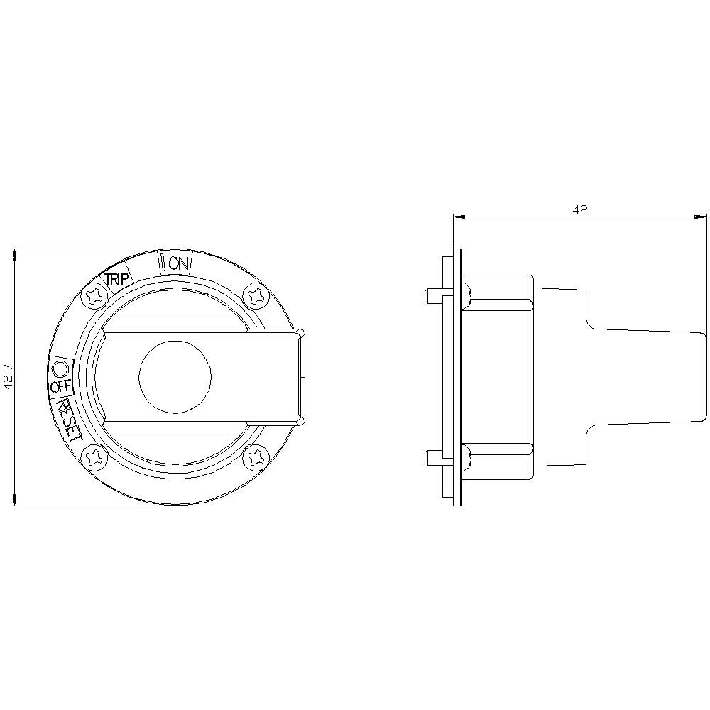 Dessin technique d'un interrupteur avec vue frontale et latérale, dimensions de 42 mm de largeur, marquages 'ON', 'OFF', 'TRP', 'RESET'.