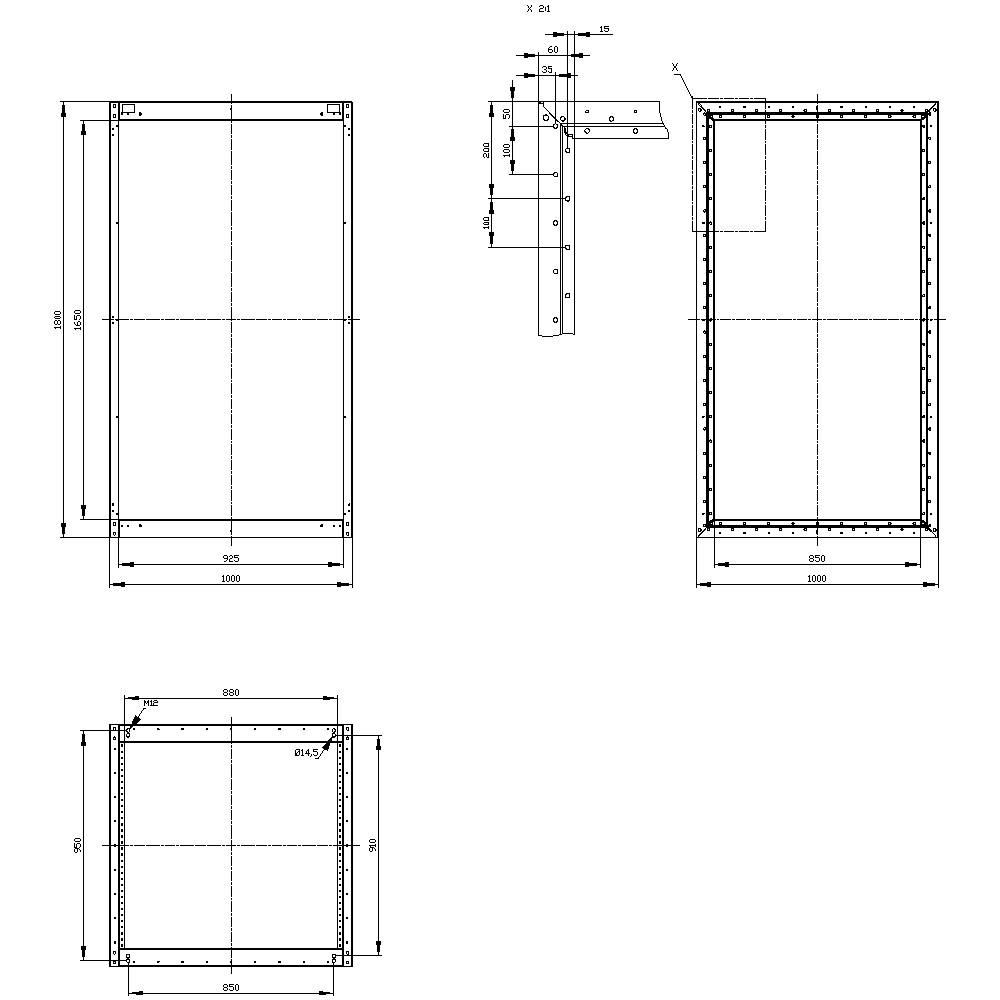Dessin technique d'un cadre rectangulaire avec cotes en millimètres : largeur 1000 mm, hauteur 1250 mm. Présente une vue de face et une vue latérale.
