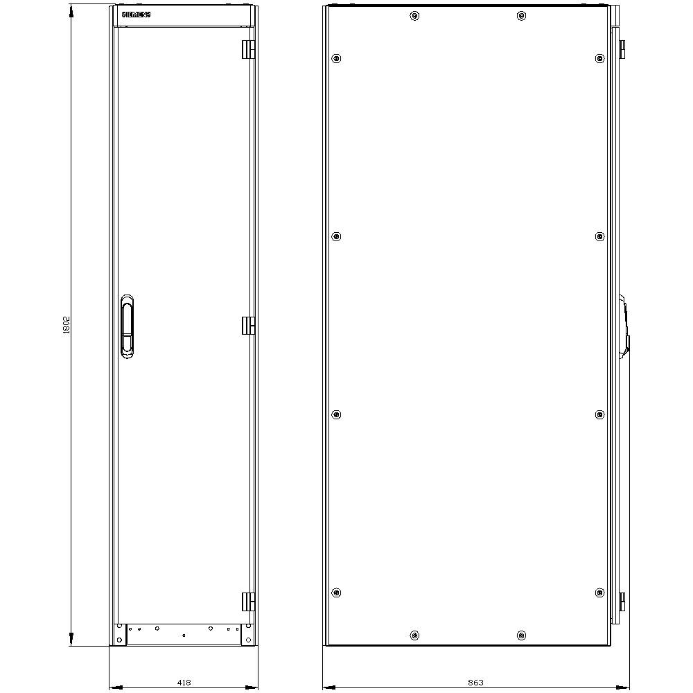 La figure présente un dessin technique d'un placard rectangulaire avec des charnières et des poignées sur le côté. Les dimensions sont indiquées.