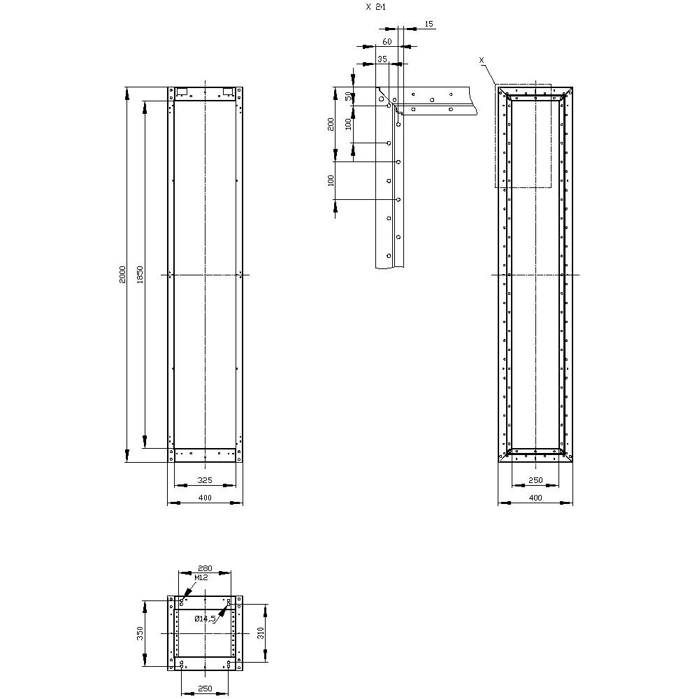 Dessin technique d'un profilé métallique rectangulaire avec des dimensions précises et des vues de dessus, de face et de côté.