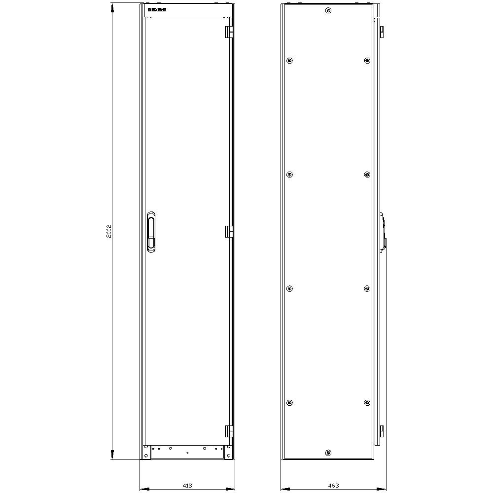 Un diagramme technique montre la vue de face et de profil d'une armoire métallique haute et étroite avec une poignée et des vis sur les bords.