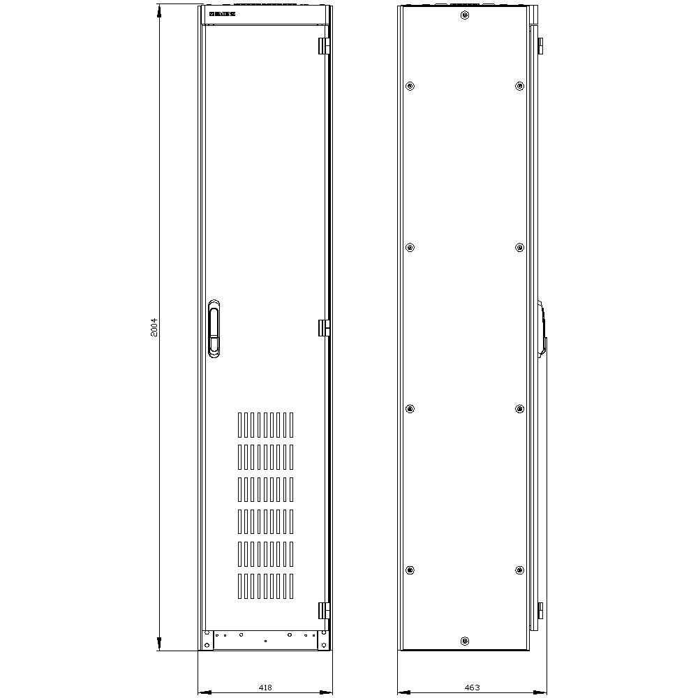 'Dessin technique d'un casier métallique avec poignée et fentes de ventilation. Dimensions : hauteur 1804 mm, largeur 418 mm à gauche, 463 mm à droite.'