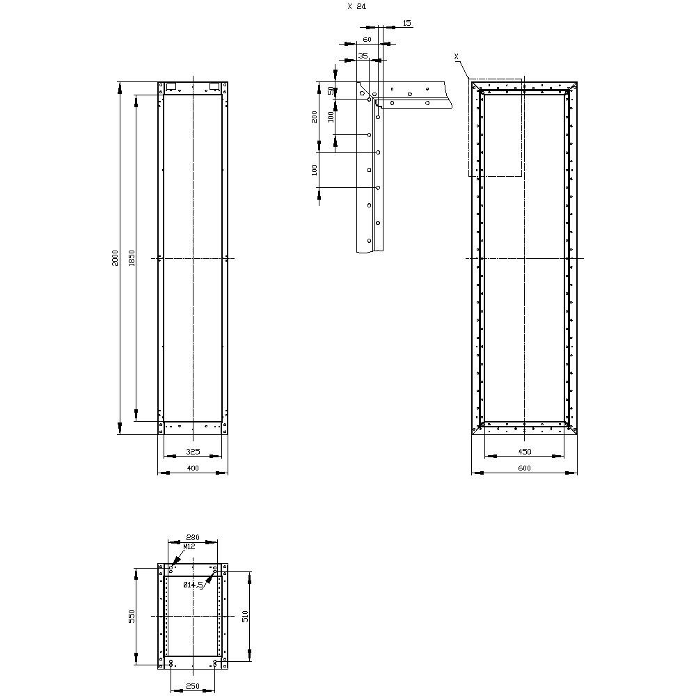 Dessin technique d'un cadre métallique rectangulaire avec des dimensions précises. Vues de côté et détails de fixation.