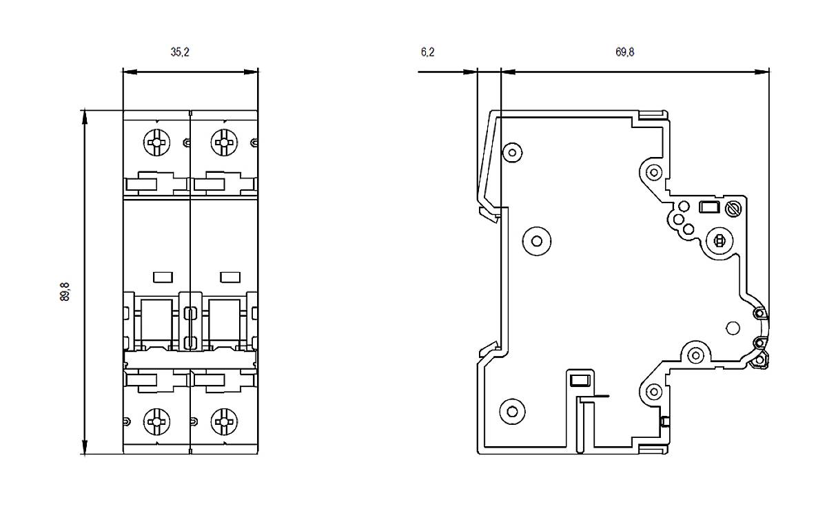 Dessin technique d'un interrupteur électrique, montrant les vues de face et de côté avec les dimensions : largeur de 35,2 mm, profondeur de 69,8 mm.