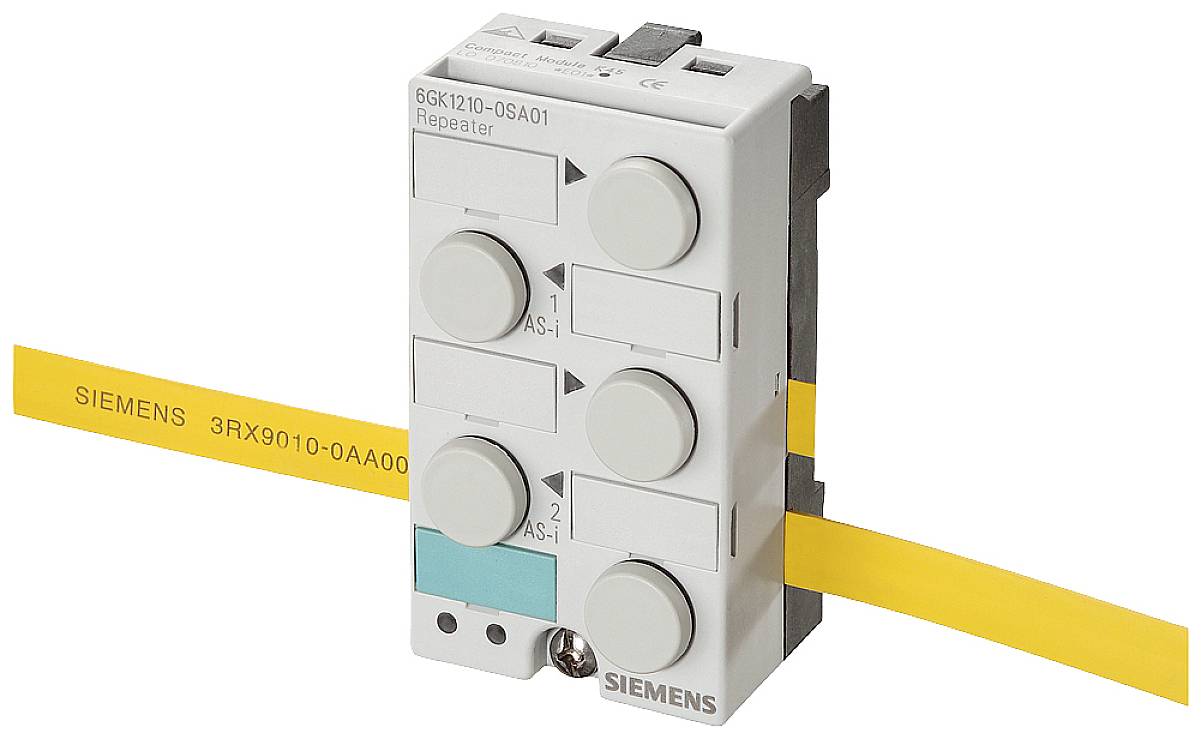 'Répéteur Siemens, modèle 6GK1210-0SA01, pour l'amplification des signaux dans les réseaux. Boîtier gris avec plusieurs connexions et câble jaune.'