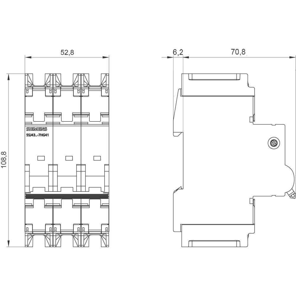 Dessin technique d'un disjoncteur tripolaire avec dimensions : largeur 52,8 mm, hauteur 100,8 mm ; vue de dessus largeur 70,8 mm.