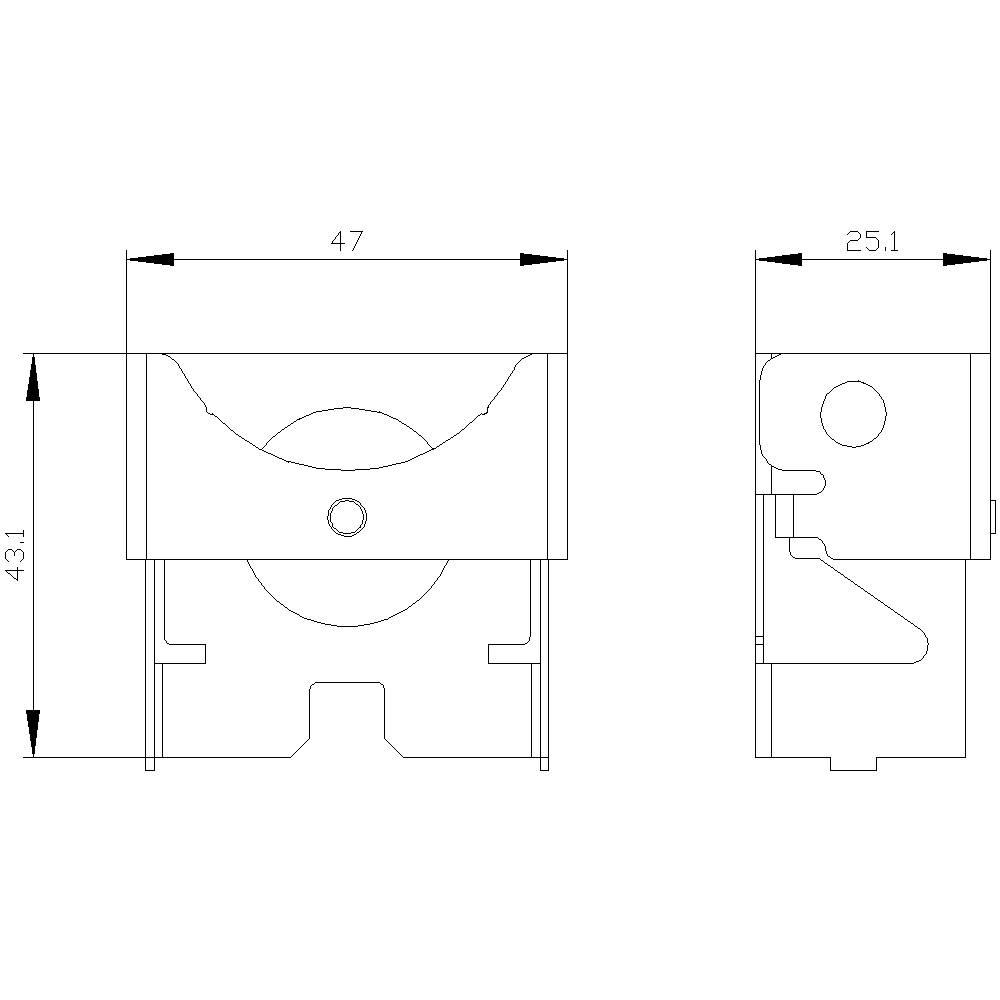 Dessin technique d'un composant avec vue de face et vue latérale. Dimensions : largeur 47 mm, hauteur 43,1 mm, profondeur 25,1 mm.