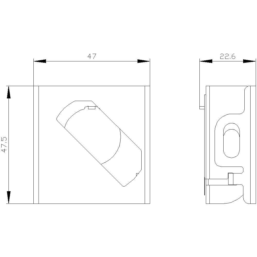 Dessin technique d'un connecteur d'angle avec des dimensions de 47 x 47,5 mm et une largeur latérale de 22,6 mm.