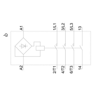Diagramme technique d'un schéma électrique avec six points de connexion numérotés (A1, A2, 1/L1, 3/L2, 5/L3, 13) et des connexions internes.