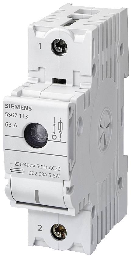 Un disjoncteur Siemens, modèle 5SG7 113, 63 A, adapté aux applications 230/400V, 50Hz, avec connexions à vis en haut et en bas.