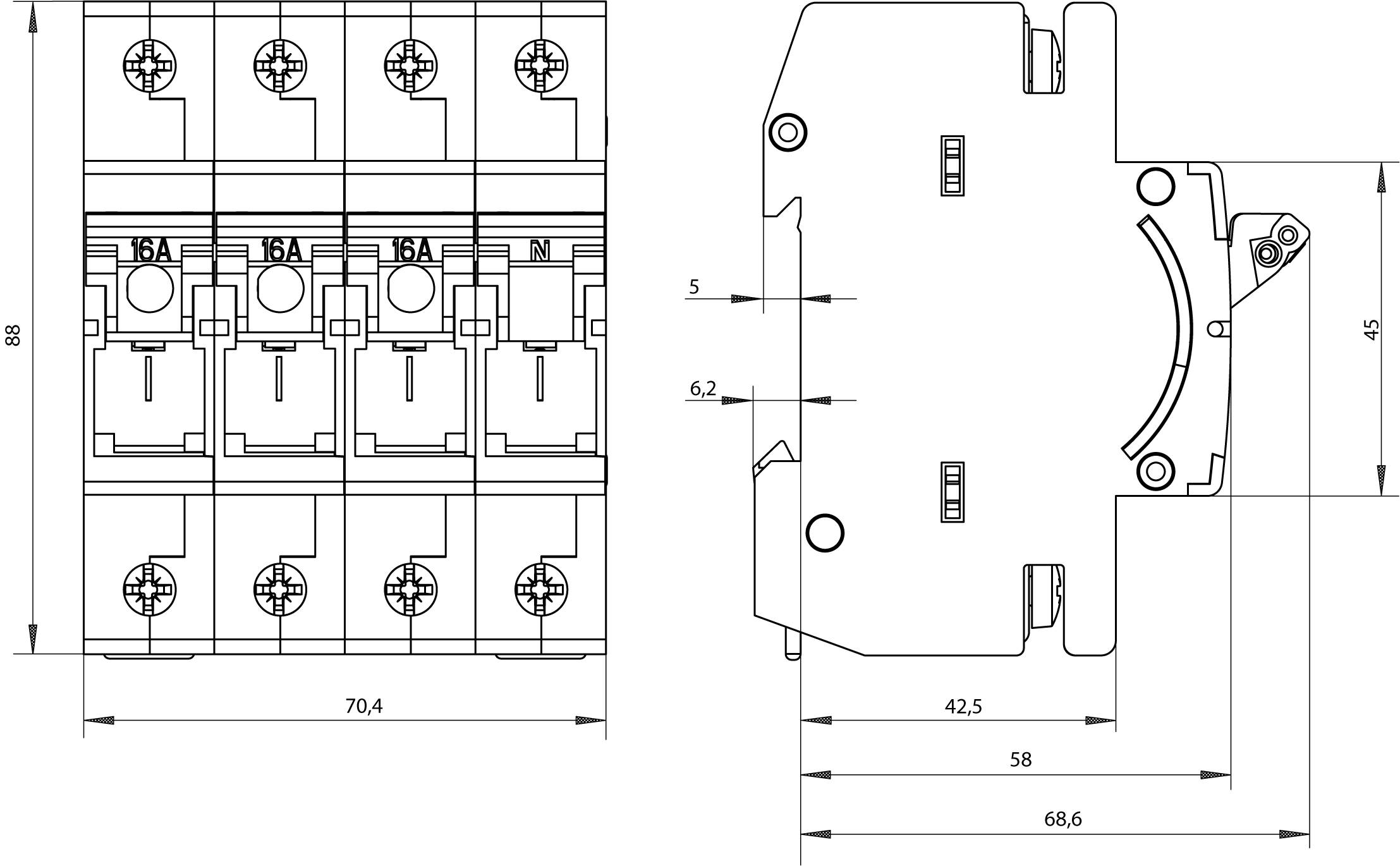 Schéma d'un circuit électrique avec quatre interrupteurs, chacun marqué '16A', présentant une vue frontale et latérale avec des dimensions précises.