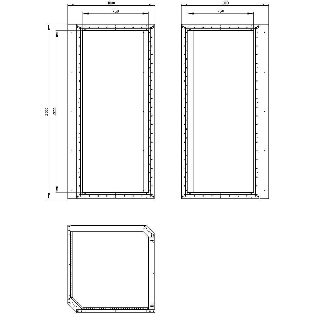 Deux cadres de fenêtre, chacun de 750 mm de large et 1500 mm de hauteur, avec des cotes. La vue de dessus du cadre inférieur montre une forme rectangulaire.