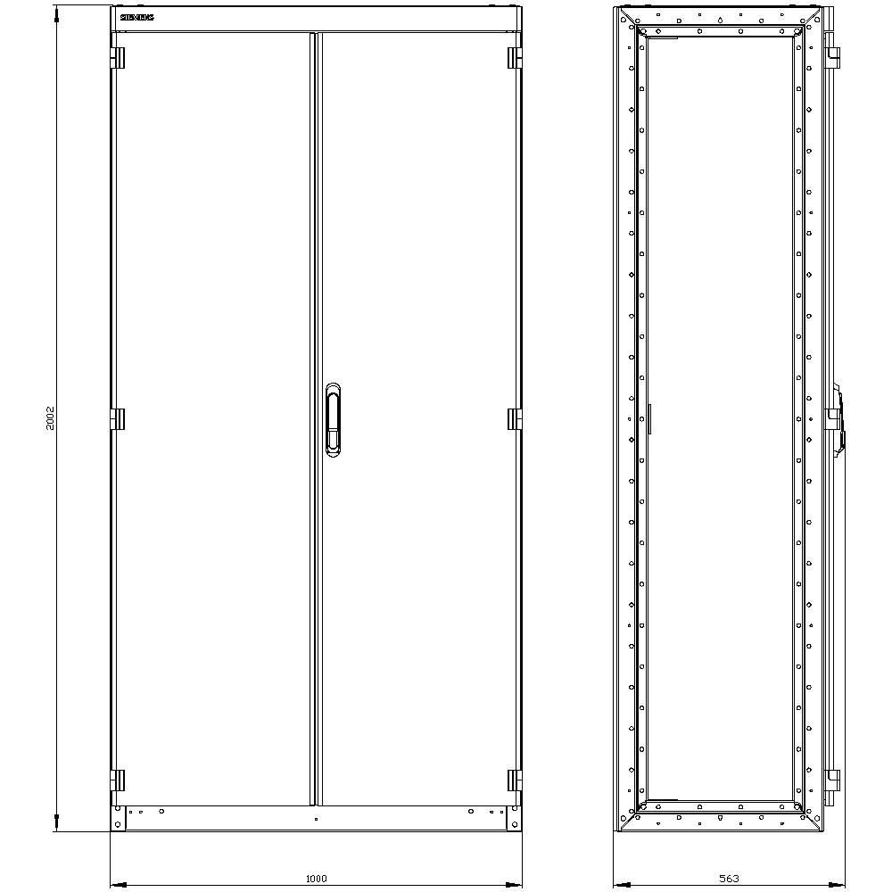 Armoire de commande électrique, vue de face et latérale. Dimensions : 2202 mm de hauteur, 1090 mm de largeur, 943 mm de profondeur. Avec porte et poignée.