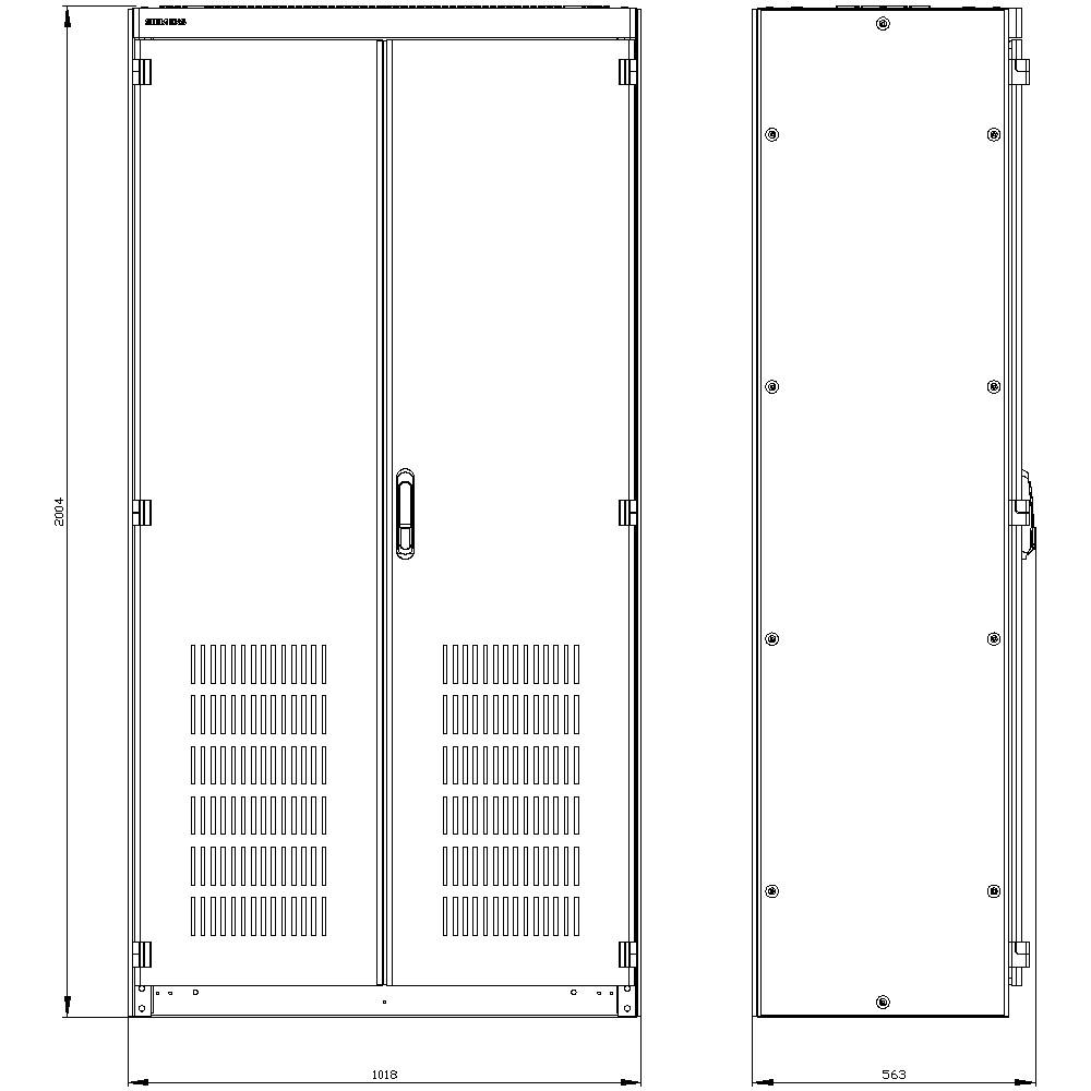 Dessin d'un placard à deux portes avec les dimensions suivantes : hauteur 2004 mm, largeur 1018 mm, profondeur 363 mm. Vue de face et vue latérale.