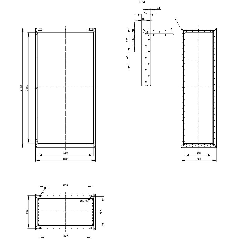 Dessin technique d'un cadre métallique avec des dimensions précises en millimètres. Montre une vue de dessus, une vue latérale et plusieurs vues détaillées.