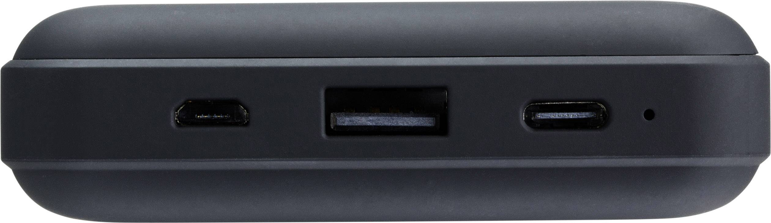 Batterie externe avec trois ports : Micro-USB, USB-A et USB-C. Boîtier de couleur sombre.