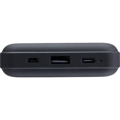 Batterie externe avec trois ports : Micro-USB, USB-A et USB-C. Boîtier de couleur sombre.
