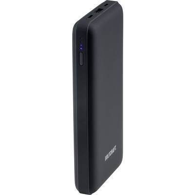 Batterie externe noire Voltcraft avec quatre voyants LED bleus, probablement utilisés pour indiquer le niveau de charge de la batterie.